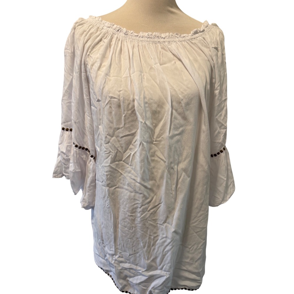 Bali Queen White Cotton Peasant Top Off Shoulder Bell Sleeve Coin Stud M/L
